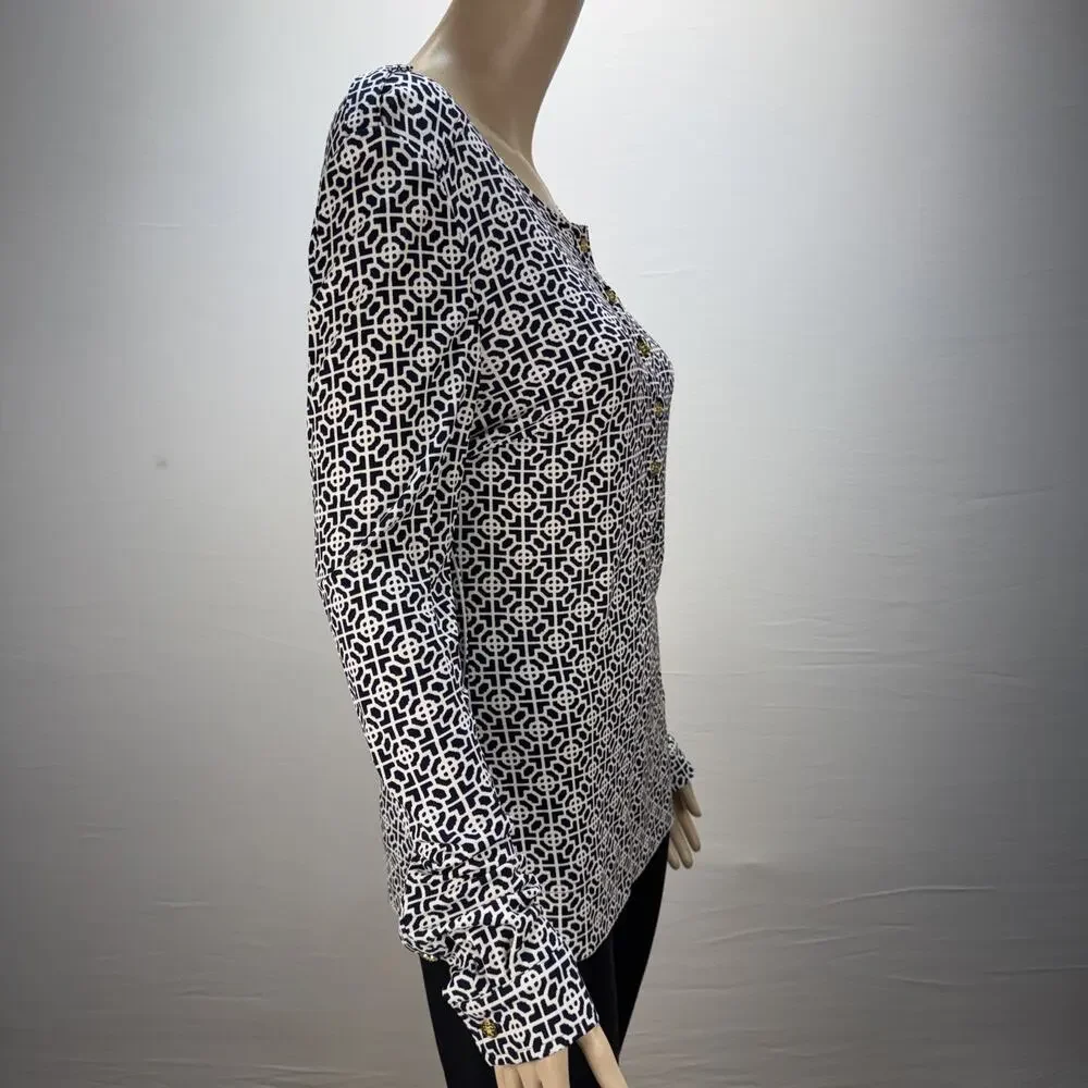 Tory Burch Geometric Print Jersey Henley Top‎ Shirt Size L Gold Logo Buttons